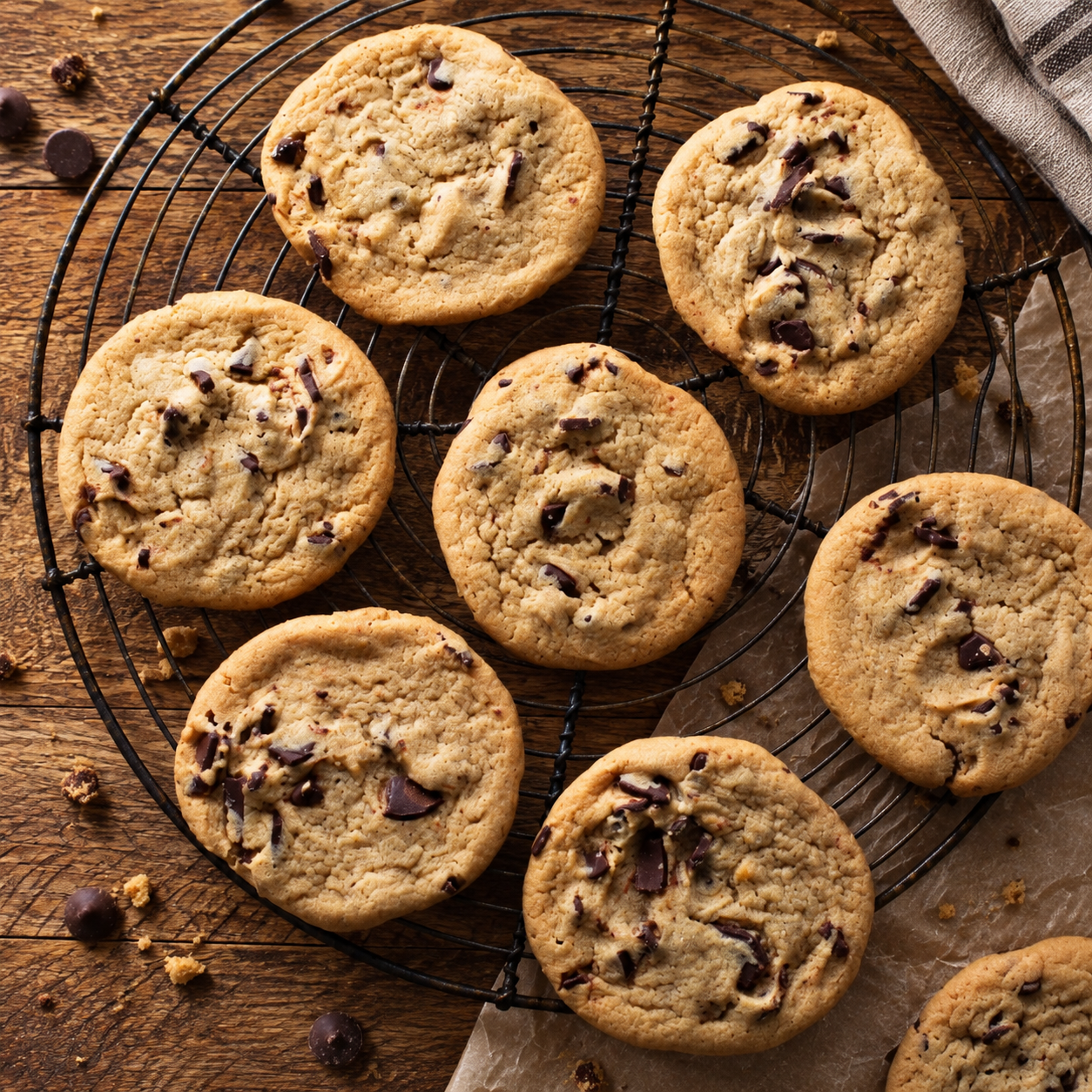 Homemade vegan chocolate chip cookies cooling on a wire rack