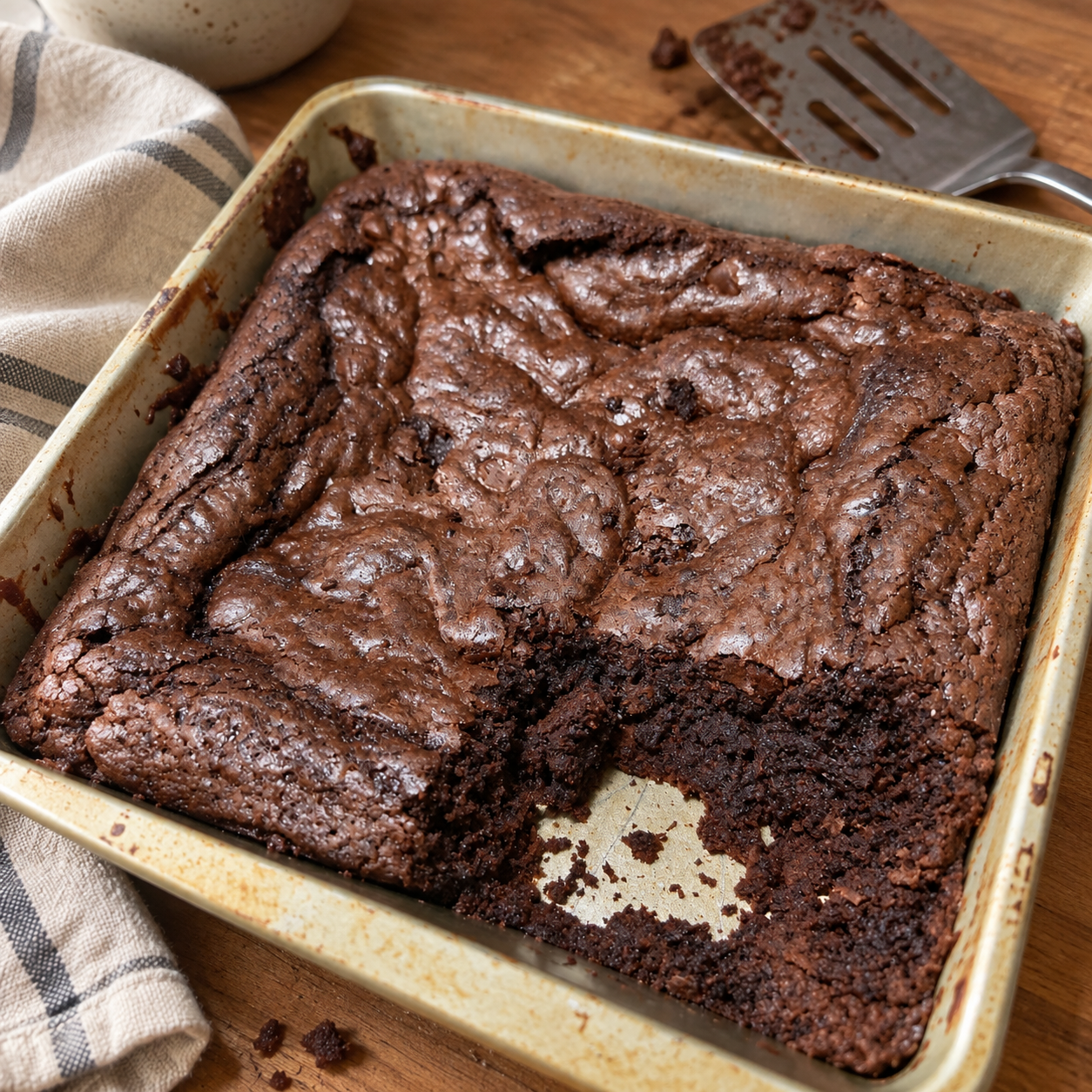 Homemade vegan brownies with a crackled top in a baking pan