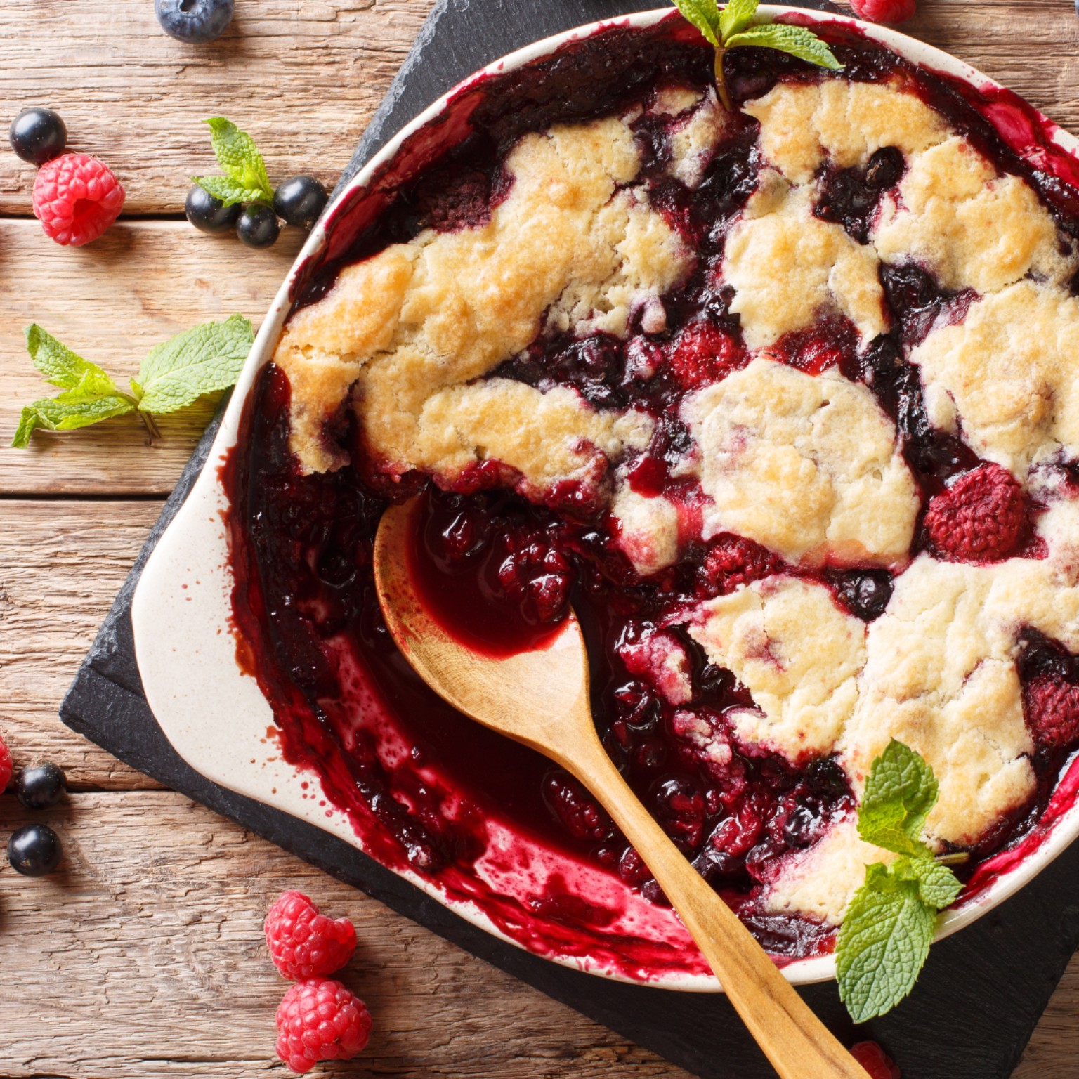 Vegan mixed berry cobbler with a golden biscuit-style topping