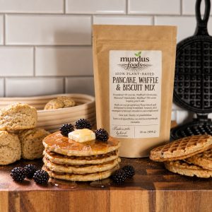 Mundus Foods Plant-Based Pancake, Waffle & Biscuit Mix with pancakes, biscuits and waffles