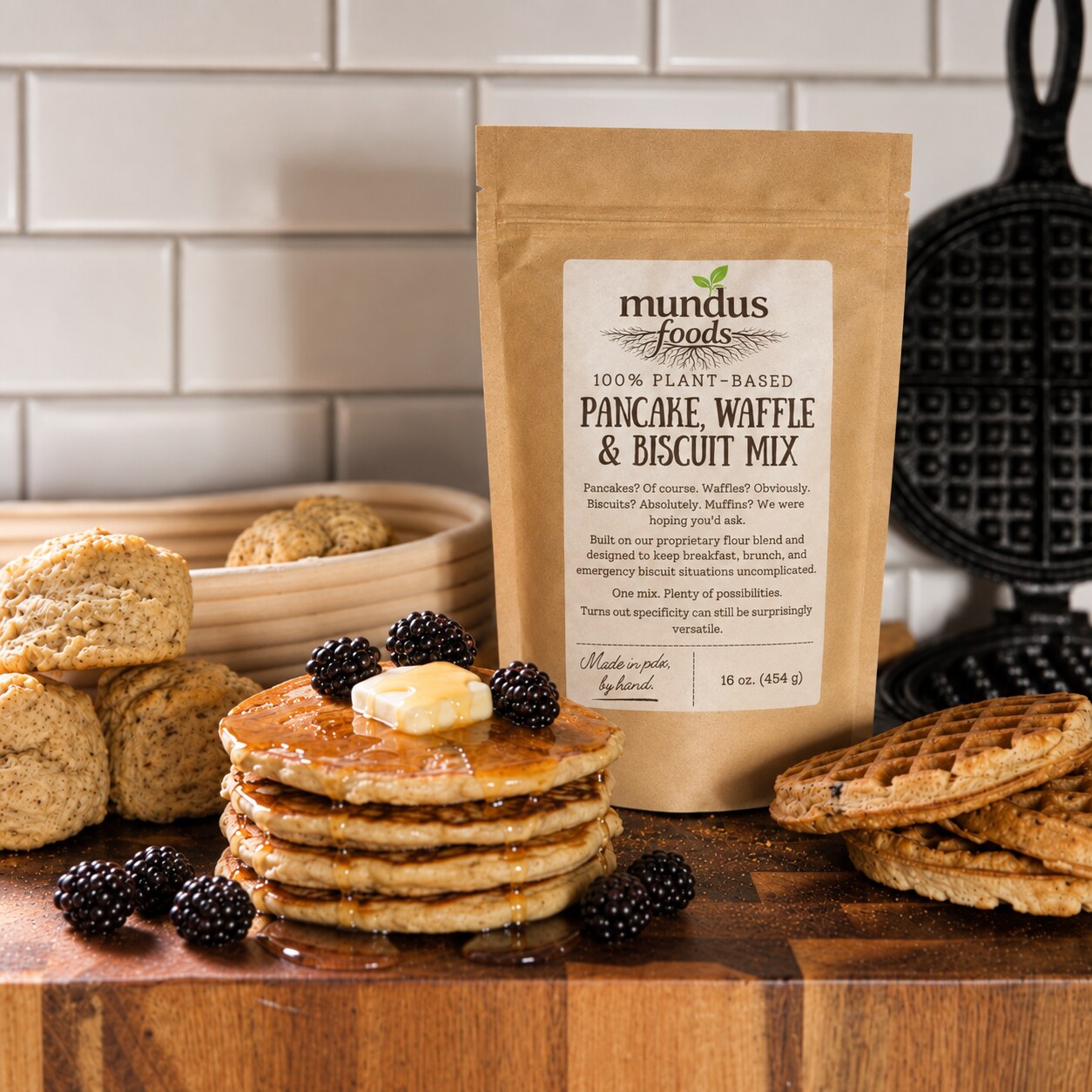 Mundus Foods Plant-Based Pancake, Waffle & Biscuit Mix with pancakes, biscuits and waffles