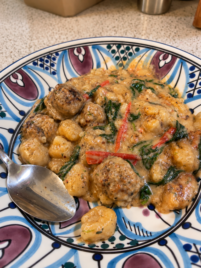 Creamy gnocchi with browned protein, leafy greens, and vegetables on a patterned plate.